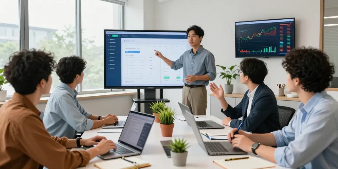 Group of professionals discussing an online payment gateway in a bright conference room, showcasing digital finance.