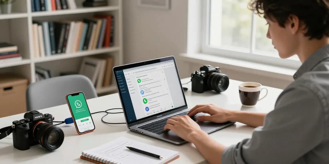 Young professional using WhatsApp下載 on laptop at a modern home office.
