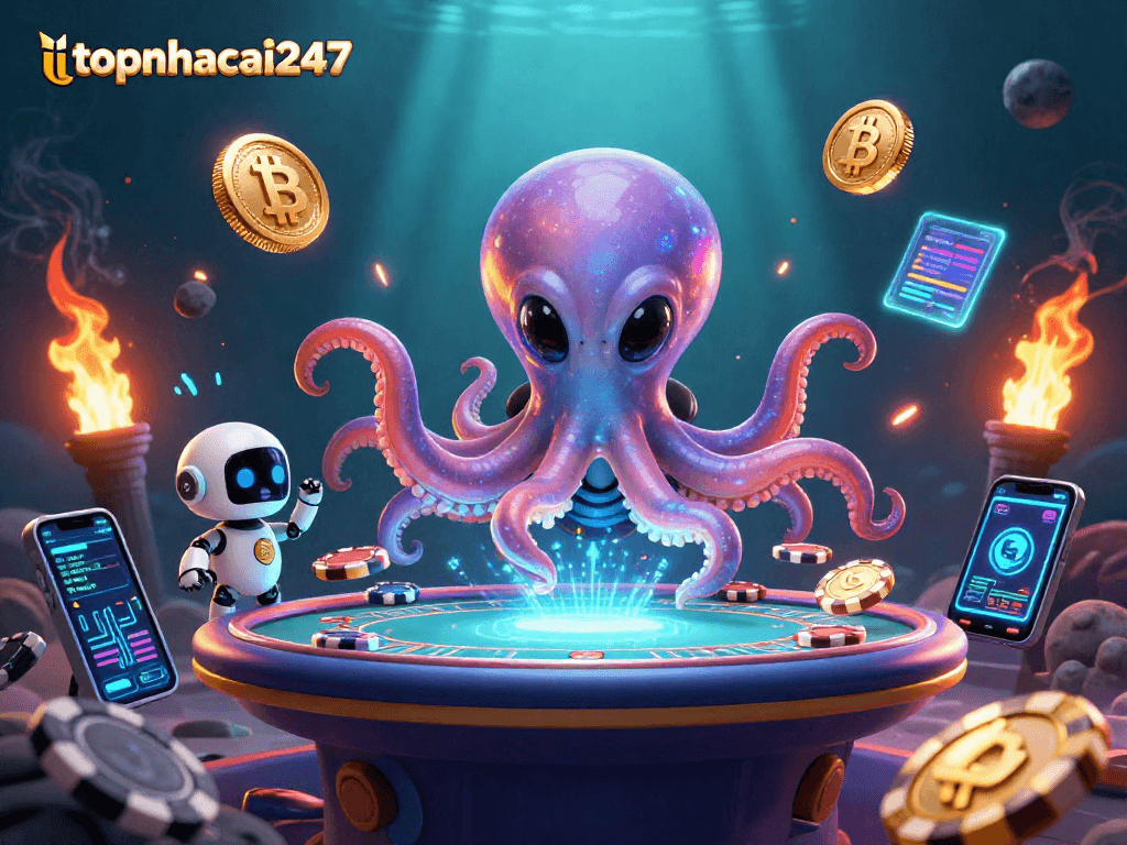 Engage with topnhacai247 as a colorful alien octopus operates a crypto-themed poker table in 3D.