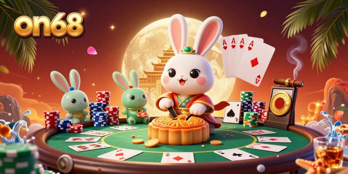 Experience exciting gameplay at on68 with a moon rabbit uncovering poker chips in a vibrant 3D digital scene.
