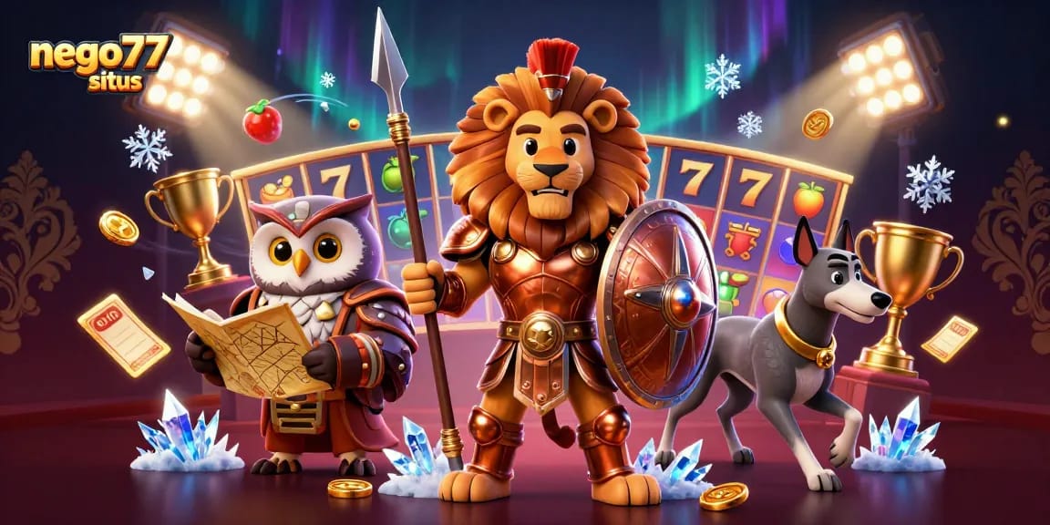 Experience gaming thrills at nego77 situs with a dynamic casino scene filled with slot elements and engaging characters.