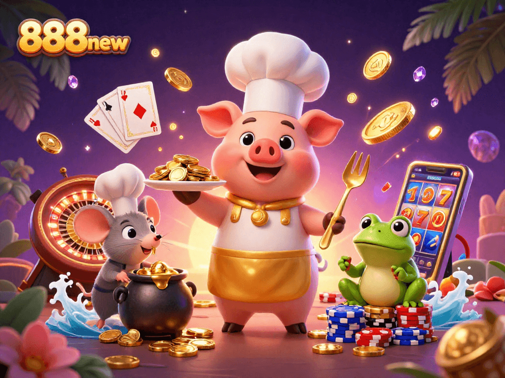 Win big at 888new with a pig chef serving gold coins amid casino gems and excitement.