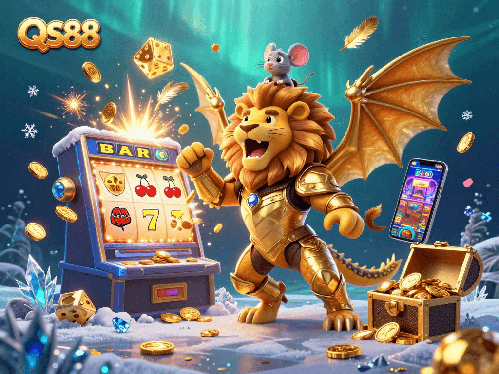 Experience the excitement of QS88 with a golden chimera and jackpot slot machine, symbolizing thrilling casino adventures.