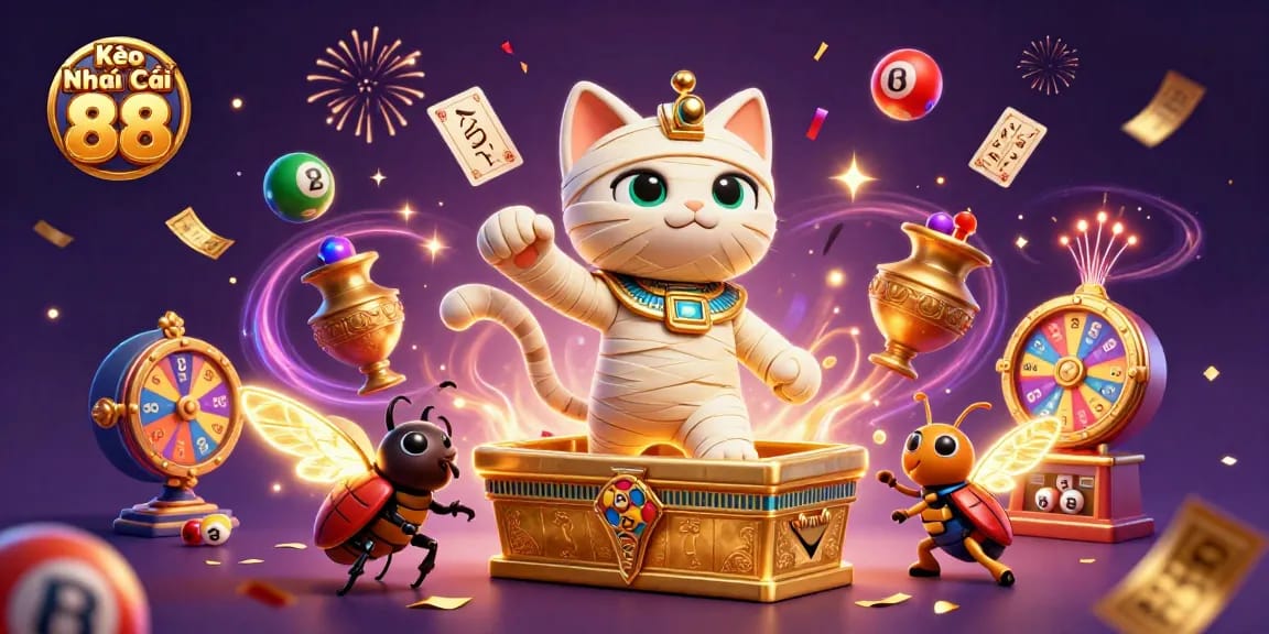 Kèo Nhà Cái 88 showcases a vibrant 3D scene with a mummy cat, lottery elements, and dynamic casino features.