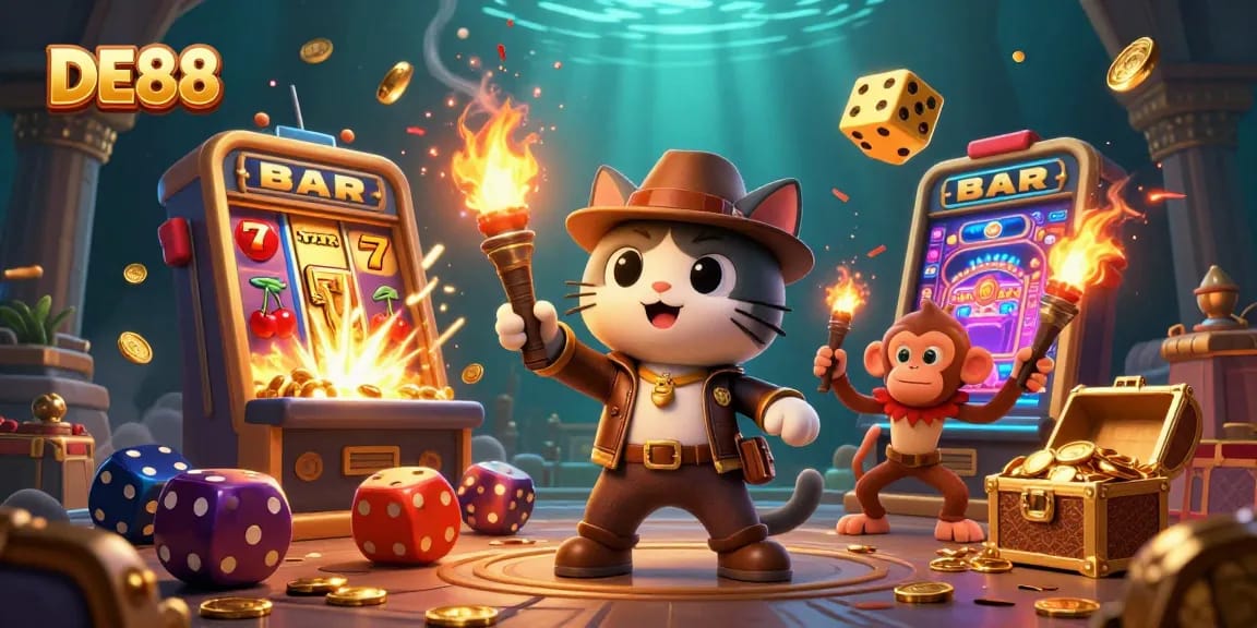 DE88 showcases an adventurous cat finding a golden artifact amid casino treasures.