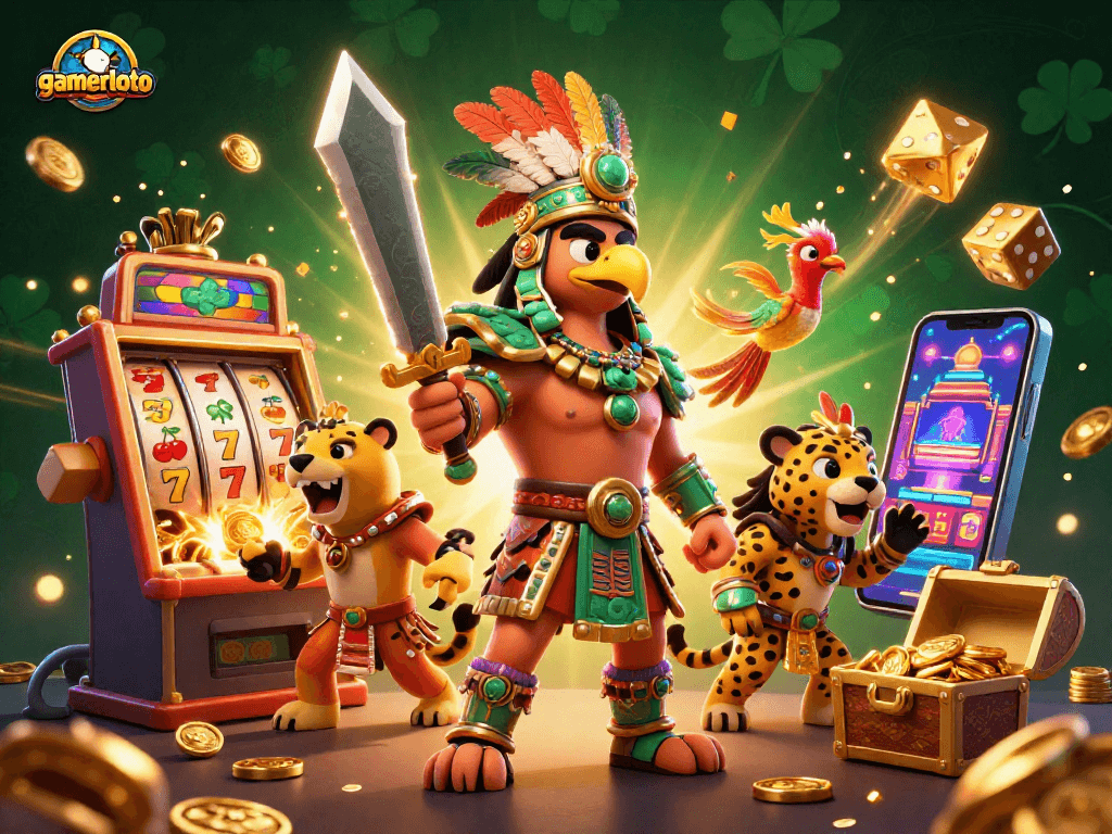 Experience thrilling wins at gamerloto with a vibrant 3D casino scene featuring Aztec warriors and slot machines.