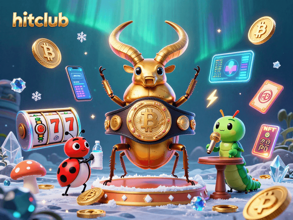 Join hitclub in action with a golden stag beetle boxing champion amid vibrant slot gaming elements.