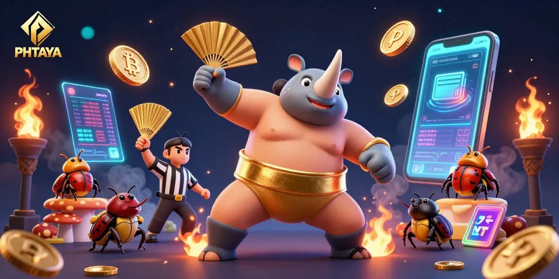 PHTAYA promotes engaging gameplay with a vibrant casino atmosphere, showcasing the beetle champion's winning moment.