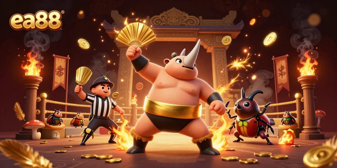 Win big at ea88 with a dynamic scene of a sumo champion beetle surrounded by excitement and gold coins flying!