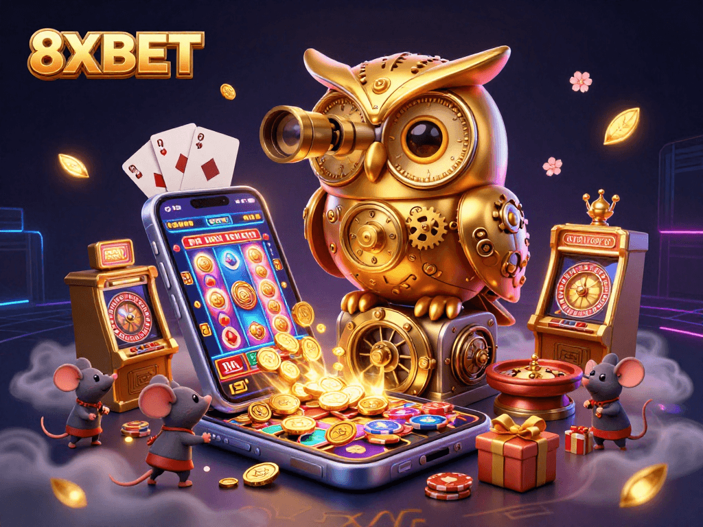 Experience the thrill at 8XBET with a colorful slot game and vibrant casino atmosphere.
