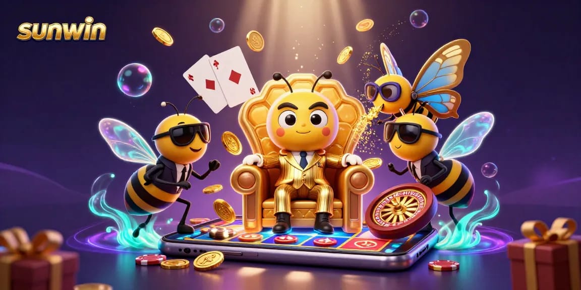 Experience excitement at sunwin with a bumblebee mob boss amid vibrant casino elements.
