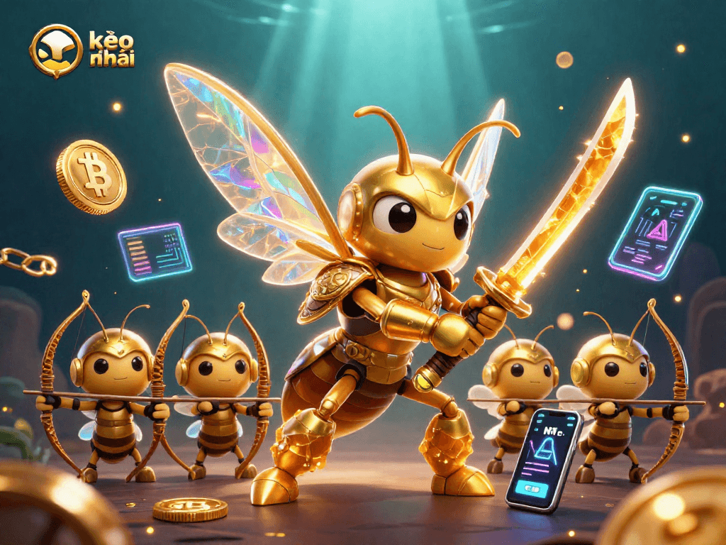 Engage with kèo nhà cái in a vibrant, action-packed casino-themed illustration featuring crypto elements.