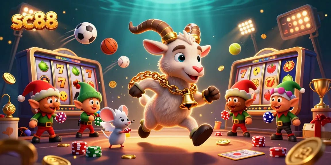 Experience the festive chaos of sc88 with Krampus, an angel mouse, and elf gremlins in a detailed 3D casino scene.