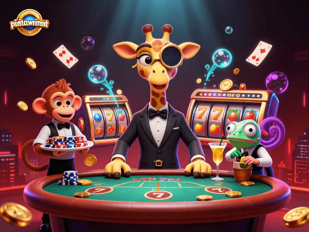 Spin and win big with pinatawinsslot at a vibrant casino scene featuring lively characters and slot elements.