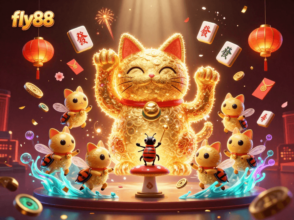 Experience excitement with fly88 as golden fireflies form a lucky cat in a vibrant casino scene.