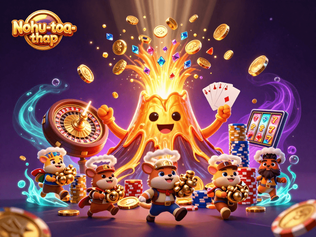 Nohu-toa-thap engages players with a vibrant scene of a victorious golden volcano, cascading coins, and a spinning roulette wheel.