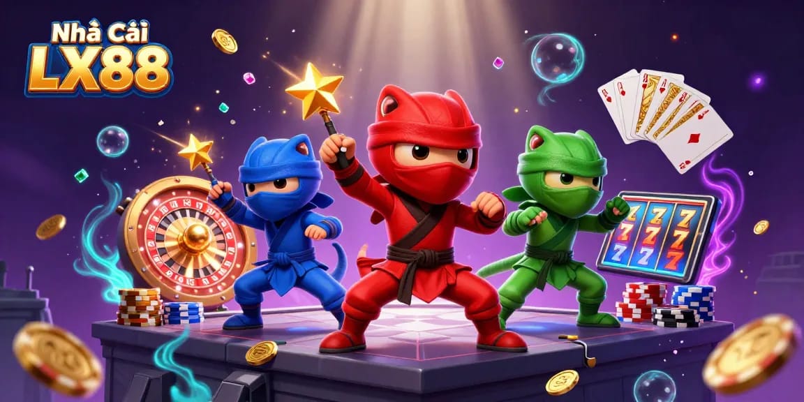 Experience thrilling action with Nhà cái LX88 as ninja chameleons celebrate casino wins amidst golden coins and games.