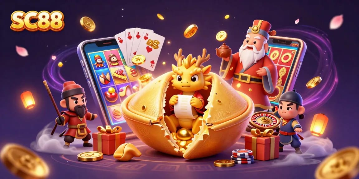 Engage with SC88's dynamic casino adventure featuring a giant fortune cookie and exciting game elements.