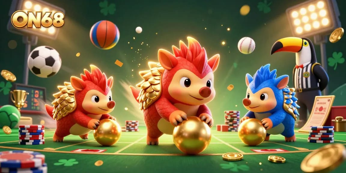 Experience thrilling action at ON68 with rival pangolins battling among golden poker chips and sports balls.