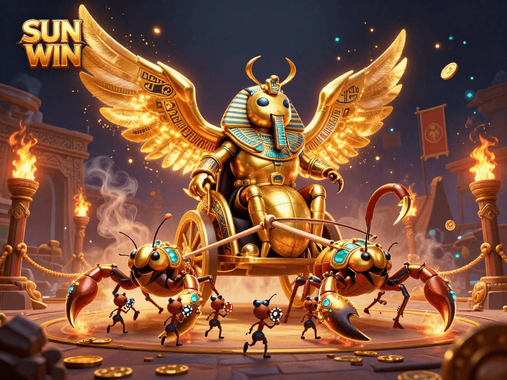 Experience the excitement of SUN WIN casino with a vibrant 3D illustration featuring a golden scarab beetle and scorpions.