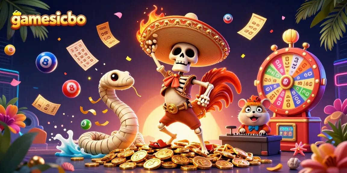 Experience vibrant gaming action with gamesicbo, featuring a victory dance of colorful characters in a casino setting.