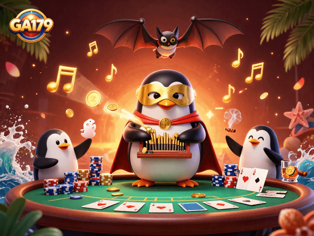 Experience GA179's exciting poker scene with a phantom penguin and gold coins.