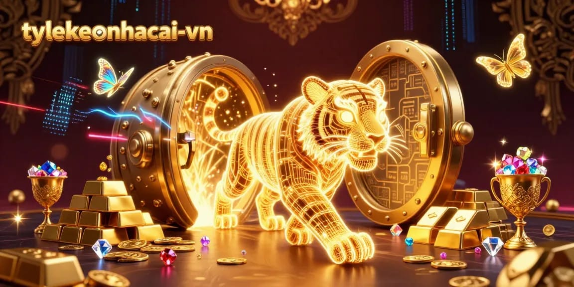 tylekeonhacai-vn captures vibrant casino action with a golden tiger and holographic butterflies.