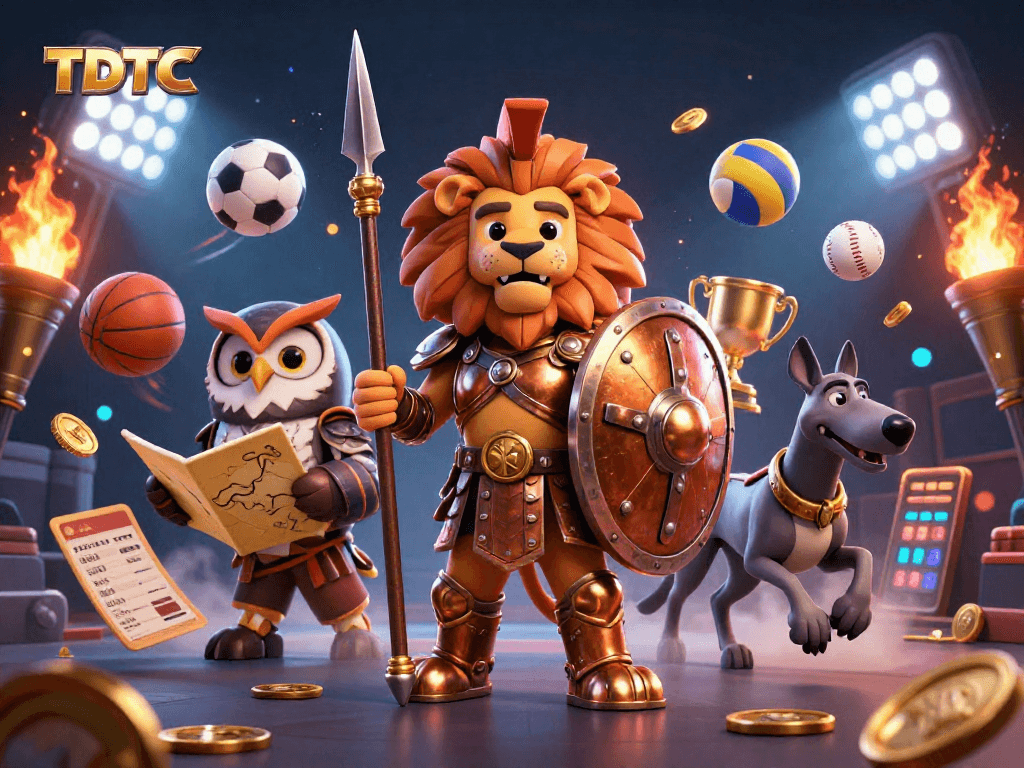 TDTC showcases dynamic sports betting action with a Spartan lion, owl strategist, and greyhound messenger.
