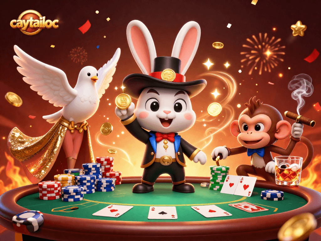 Experience the excitement of caytailoc as the magician rabbit conjures gold coins, surrounded by poker action.