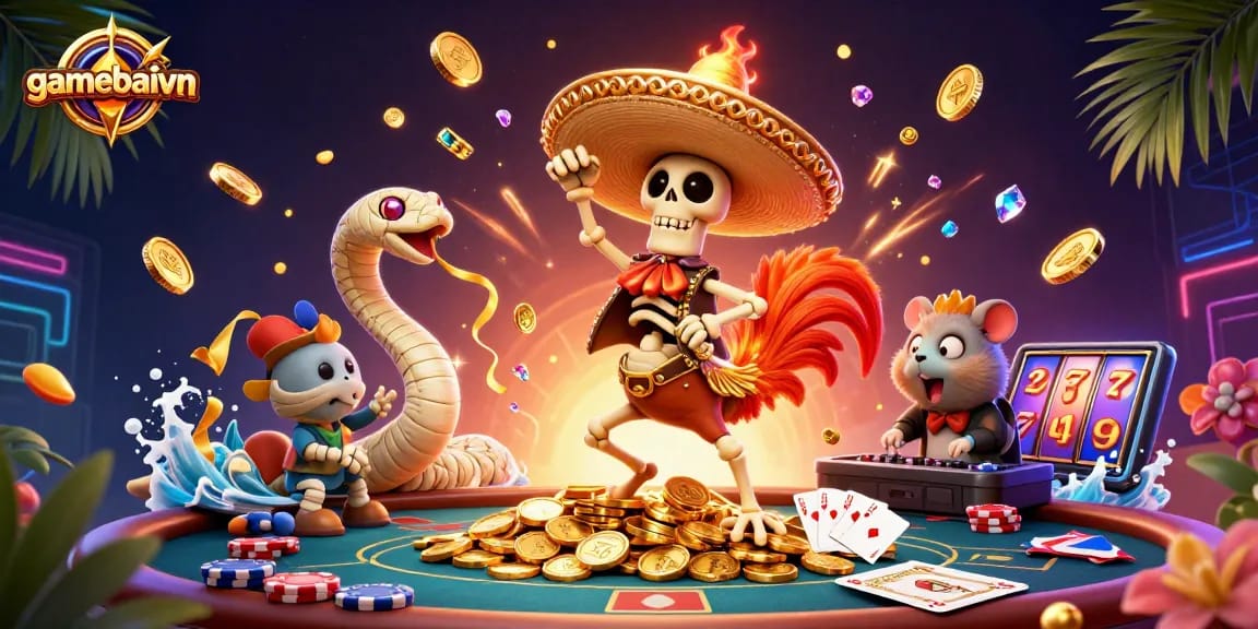 gamebaivn showcases a dynamic poker scene with colorful characters celebrating wins amidst golden coins