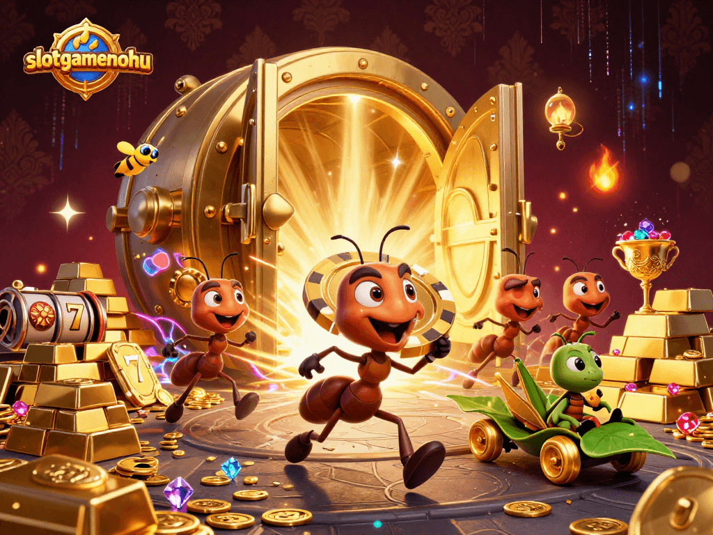 Engage with slotgamenohu's thrilling slot game adventure featuring playful 3D ants and golden treasures.