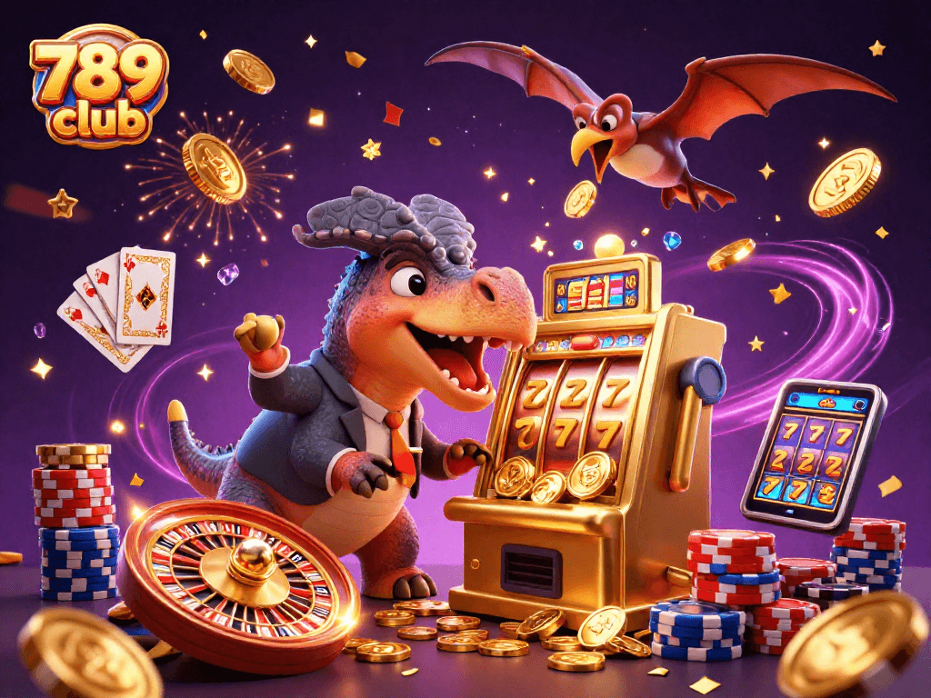 Join the excitement at 789 club with a cartoon dinosaur celebrating a jackpot win!