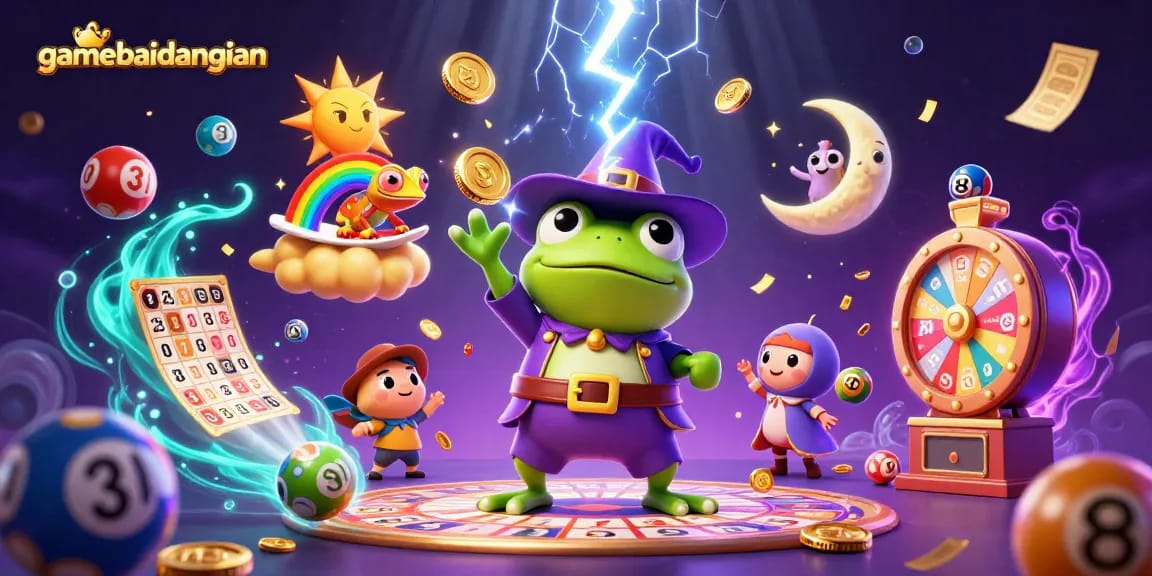 Experience thrilling gameplay with gamebaidangian's vibrant illustration featuring lucky symbols and dynamic gaming elements.