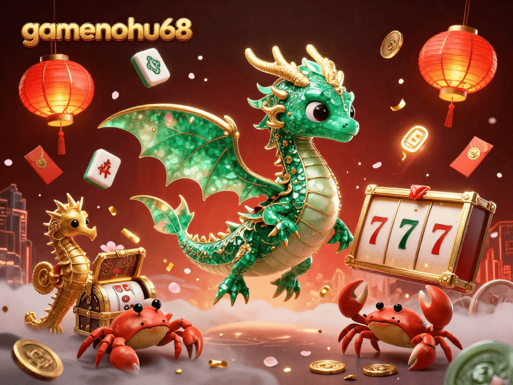Experience the dazzling world of gamenohu68 through this vibrant casino-themed 3D illustration featuring lucky symbols and dynamic game elements.