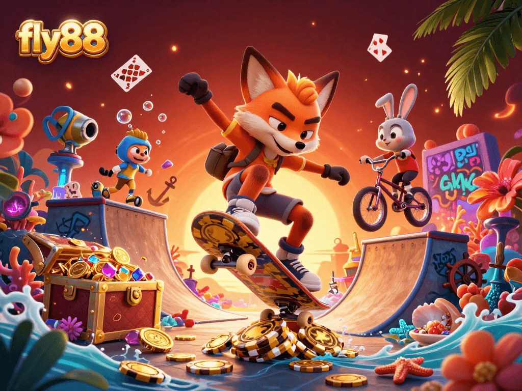 Experience thrilling action at fly88 with vibrant characters and casino excitement in a dynamic illustration.