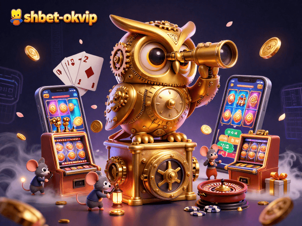 Spin the reels at shbet-okvip with a whimsical gold owl and dynamic casino atmosphere.