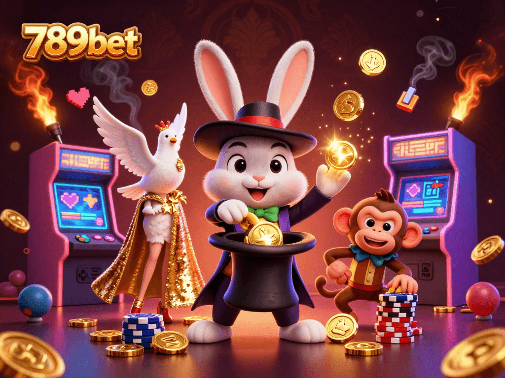 Engage with 789bet in this vibrant casino scene featuring a magician rabbit, dove, and monkey
