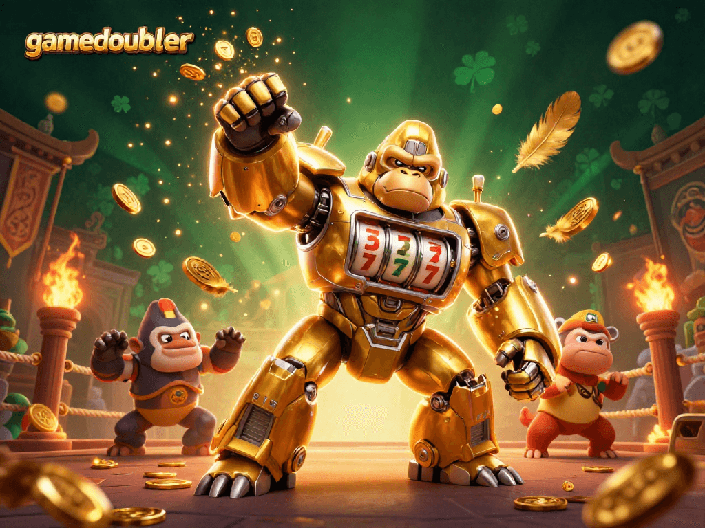 Experience thrilling gameplay with gamedoubler's dynamic 3D casino battle featuring a golden gorilla mech.