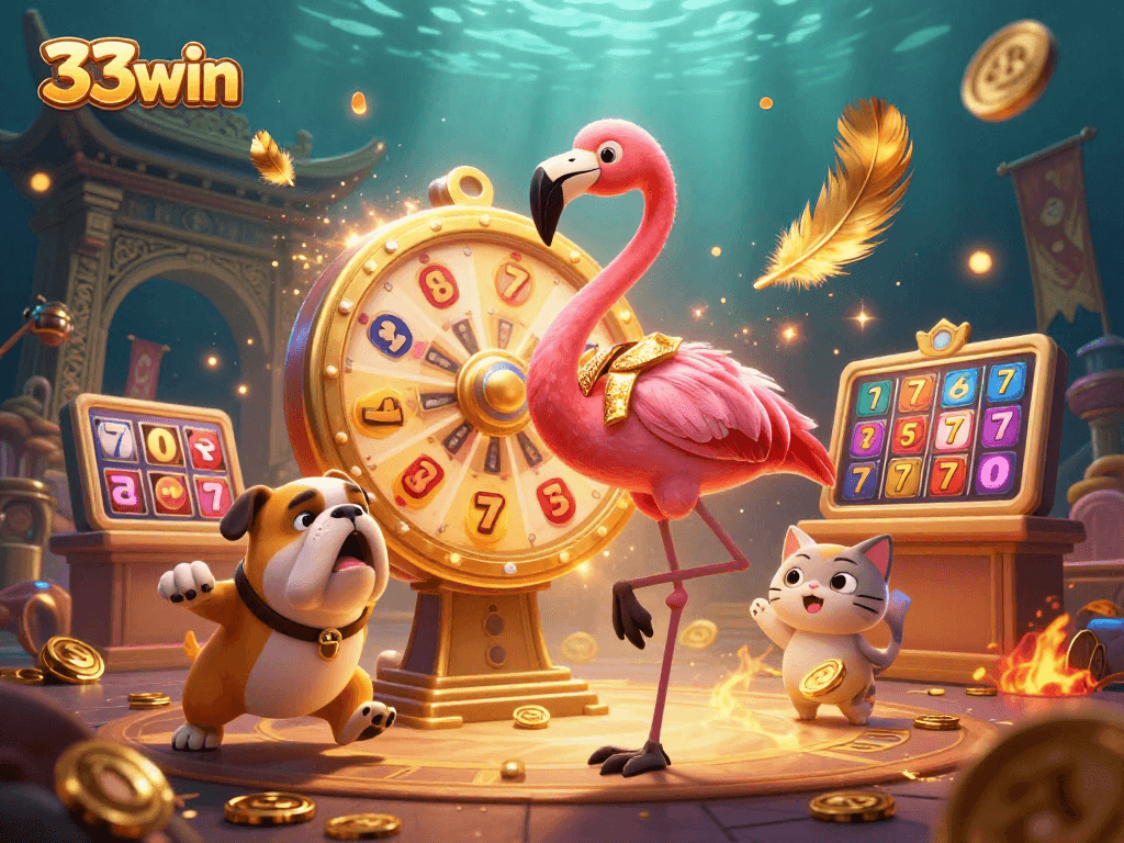 Spin the 33win prize wheel with a flamingo host, bulldog contestant, and exciting prizes revealed!