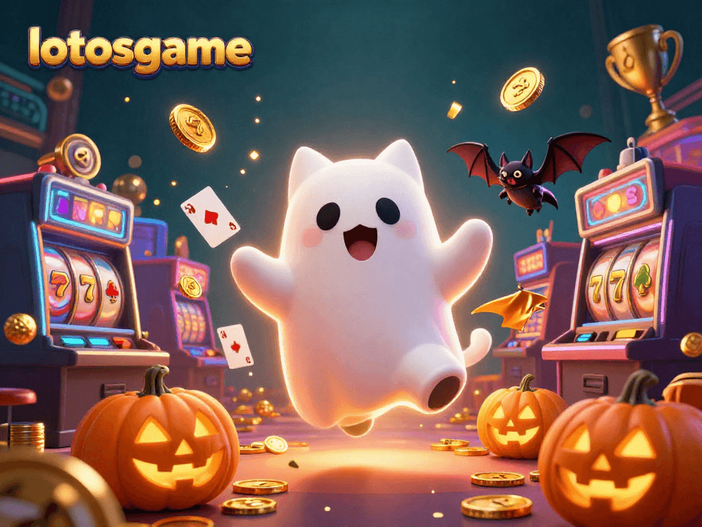 Engage with the immersive world of lotosgame in this vibrant casino scene featuring a friendly ghost cat and dynamic game elements.
