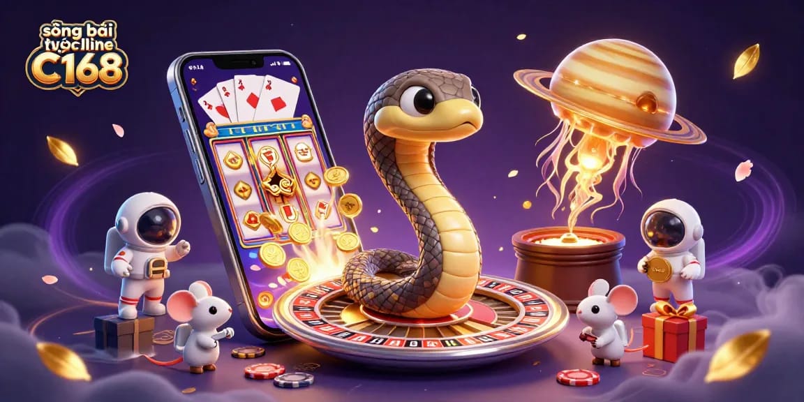 Experience sòng bài trực tuyến C168 with vibrant 3D casino illustration showcasing betting astronauts and cosmic dealer.