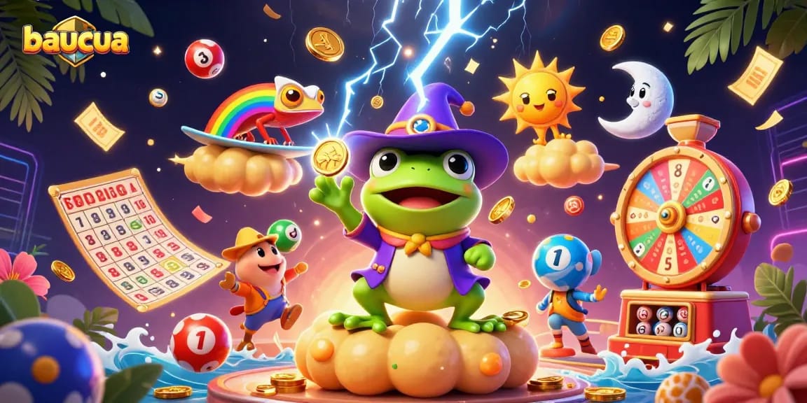 Engage with baucua's thrilling gameplay as vibrant numbers and prizes burst around a whimsical scene.
