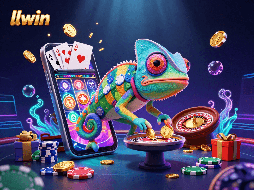 llwin casino owner chameleon enjoying golden coins, slot games, and poker cards