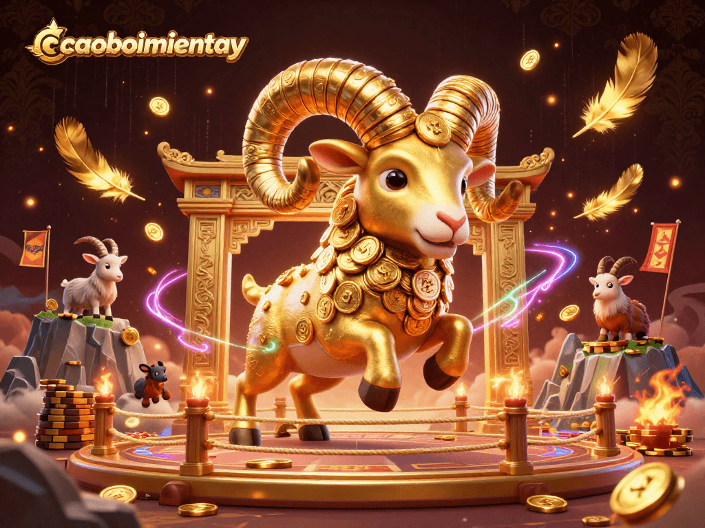 Engage in thrilling action with caoboimientay featuring a golden ram amidst a vibrant casino arena.