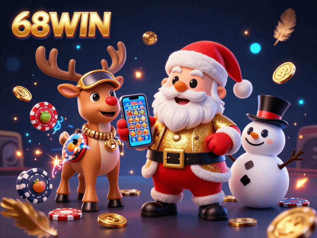 Experience the excitement of 68WIN with Santa and friends celebrating jackpots in a vibrant casino.