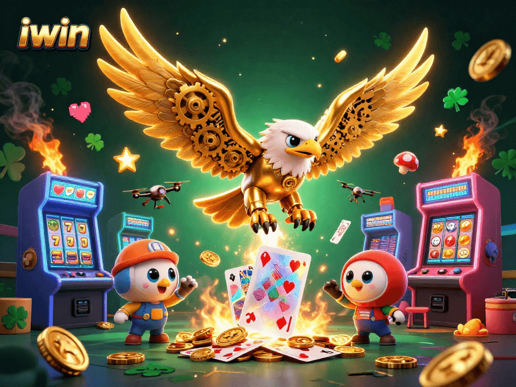 Pursue big wins with the iwin casino experience, showcasing a dynamic 3D illustration of a cybernetic eagle and vibrant gaming elements.