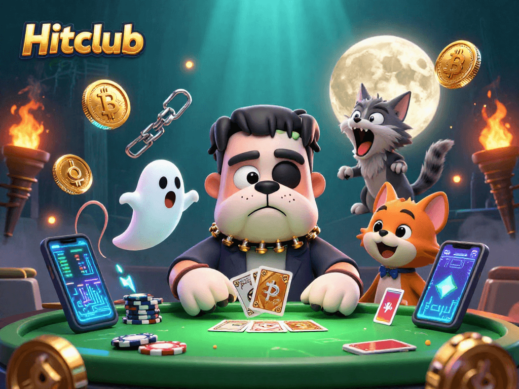 Hitclub showcases a thrilling card game with a Frankenstein bulldog at its center, floating coins, and ghost elements.