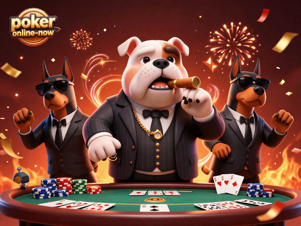 Engage with thrilling poker action on poker-online-now featuring a charismatic bulldog boss and guards.