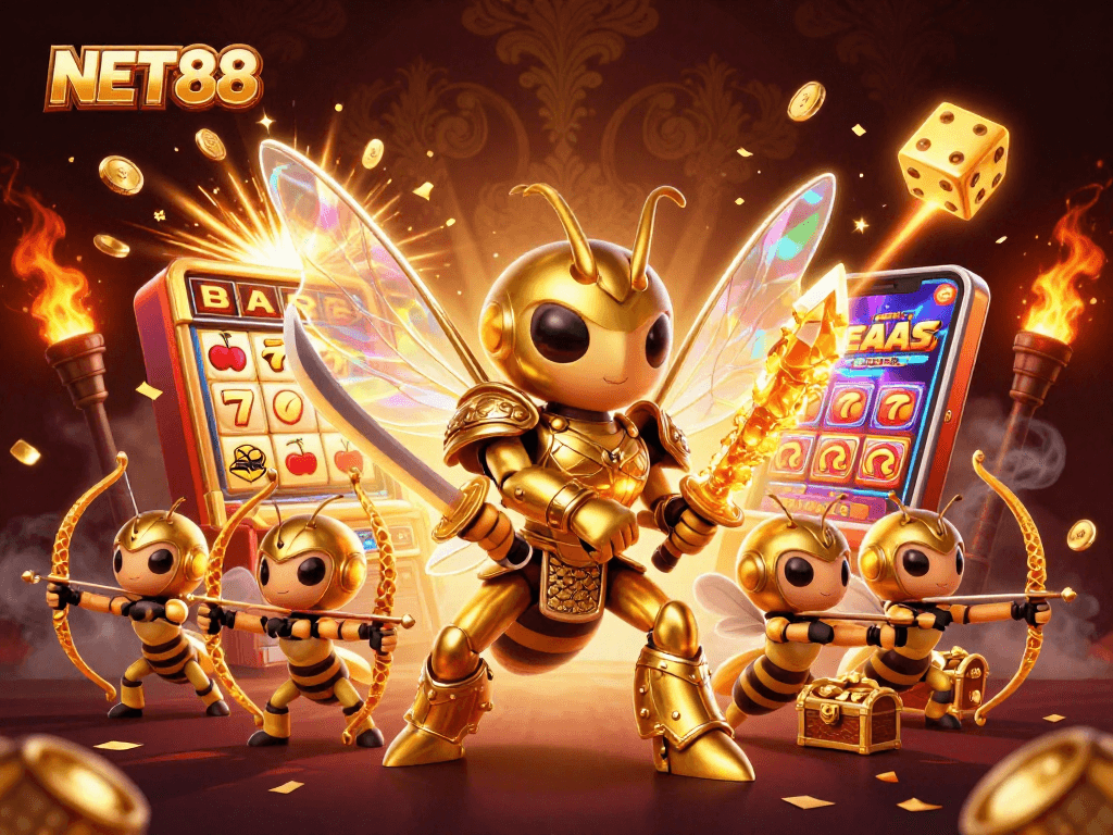 Win big with NET88 at a vibrant online casino jackpot scene featuring golden hornet characters.