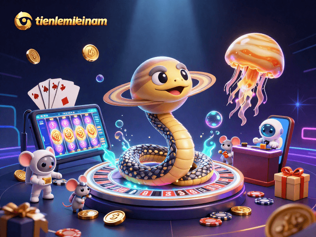 Engage in exciting gameplay at tienlenmiennam with a vibrant cosmic casino scene featuring unique characters.